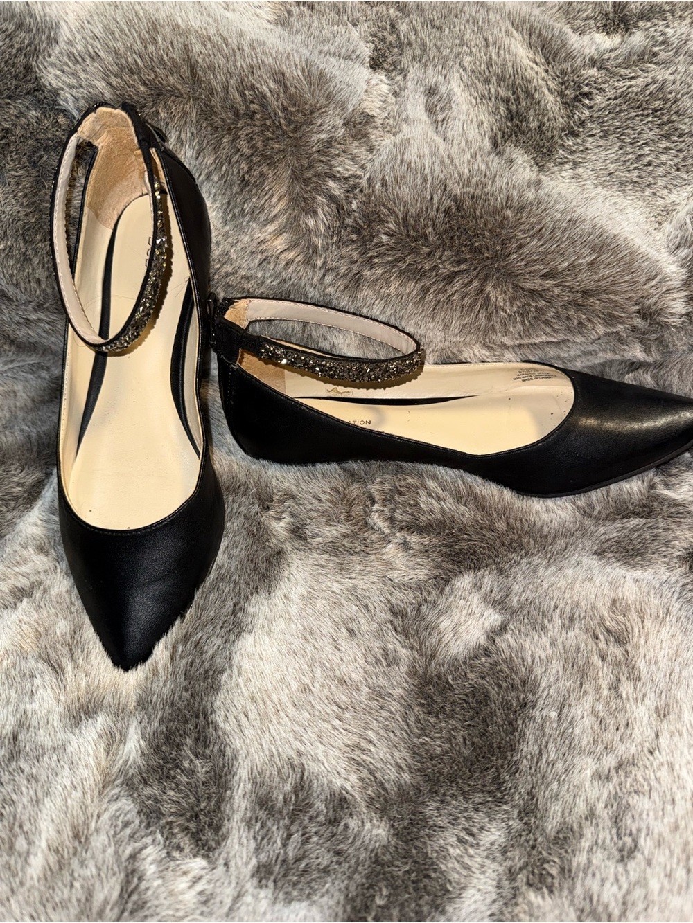 BCBGeneration Black Pointed Toe Flats with Sparkle Ankle Strap